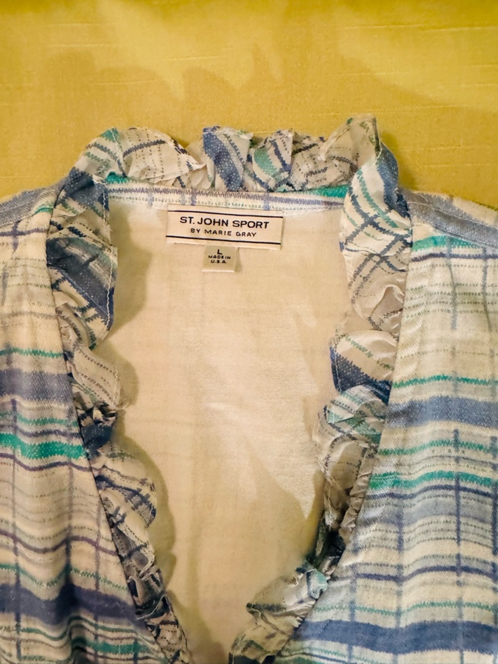 St. John Sport by Marie Gray Cream, Blue & Teal Plaid Fringe-Trim Jacket - Picture 5 of 5